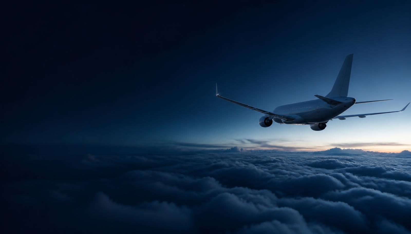 Passenger aircraft flying above clouds at dawn